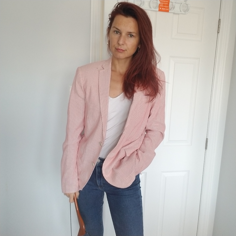 Zara Men Pink and White Searsucker Blazer
